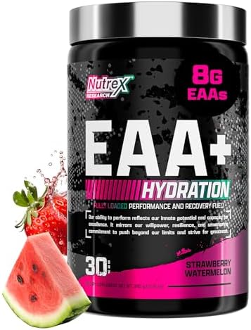 Nutrex Research EAA Hydration | EAAs + BCAA Powder | Muscle Recovery, Strength, Muscle Building, Endurance | 8G Essential Amino Acids + Electrolytes | Strawberry Watermelon 30 Serving by NutrexResearch