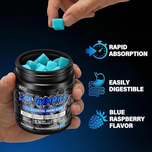 EAA Gummies - 2:1:1 BCAA Formula (8300mg) - Essential Amino Acids for Muscle Recovery & Endurance - Non-GMO, Gluten Free, Sugar Free, Vegetarian, Blue Raspberry Flavor - 90 Count - Image 5