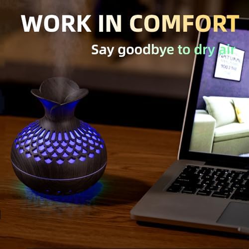 Colorful Cool Mini Humidifier, Flower Shape USB Personal Desktop Humidifier for Car, Office Room, Bedroom,etc. 2 Mist Modes, 7 colors,Super Quiet (Darkwood) - Image 3