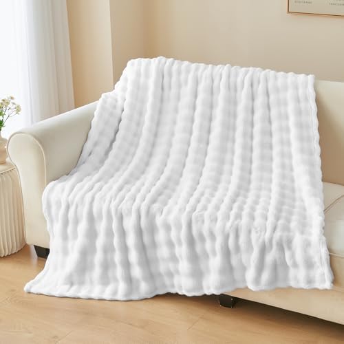 NEWCOSPLAY 3D Bubble Flannel Throw Blanket for Couch White, 50"×60" - Image 2