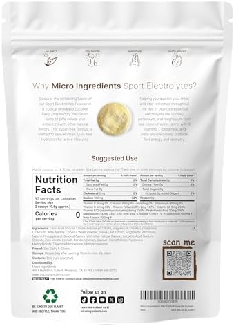 Micro Ingredients Electrolytes Powder, 2 lbs | 95 Servings | Sugar Free Workout Hydration | Potassium, Sodium, L-Glutamine, Beta-Alanine, & More | Natural Coconut Water | Pineapple Piña Colada Flavor - Image 2