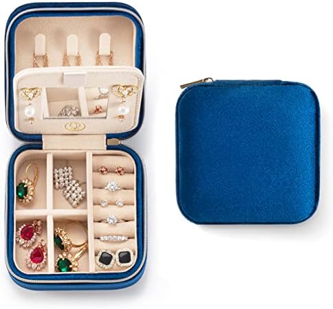 ZPROW Plush Velvet Travel Jewelry Case, Travel Jewelry Organizer, Jewelry Travel Case, Travel Jewelry Box, Small Jewelry Case for Women, Jewelry Travel Box, Earring Organizer with Mirror - Navy Blue by ZPROW