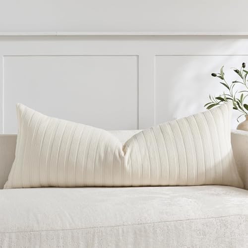 DEZENE 14x36 Cream Lumbar Pillow Covers Soft Striped Corduroy Farmhouse Rectangular Long Body Pillow Cases for Couch Sofa Bedroom Living Room Home Decor by DEZENE