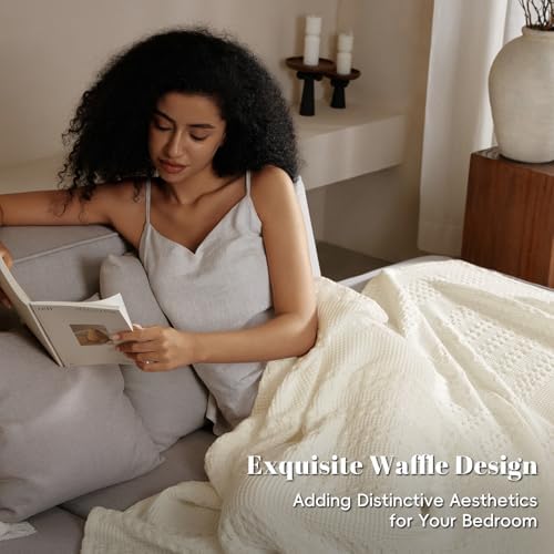 PHF Lightweight 100% Cotton Waffle Blanket for Bed, King, Cannoli Cream - Image 4
