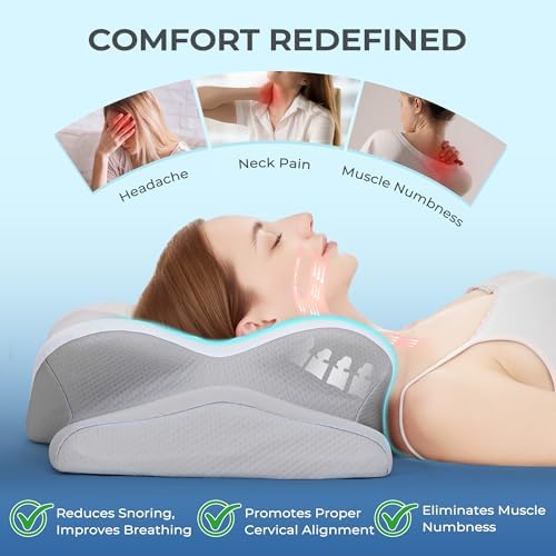 BDEUS Cervical Neck Pillow for Sleeping Ergonomic Pillow Memory Foam Pillows Side Sleeper Pillow for Neck Pain Relief Sleep Apnea Pillow Butterfly Arm Grooves Dual Height, White - Image 2