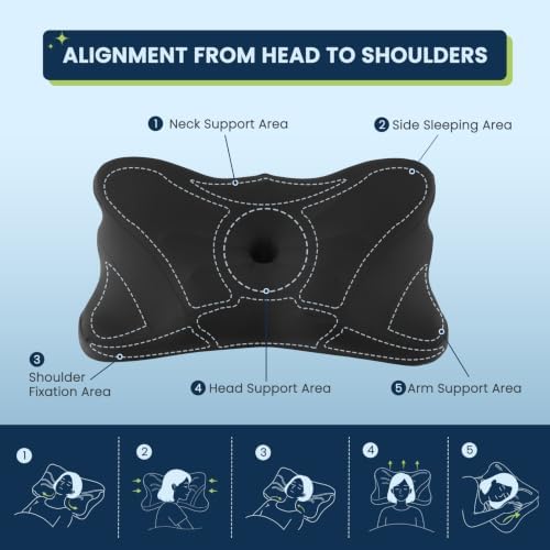 Sweetcrispy Queen Cervical Pillow for Neck and Shoulder - Ergonomic Memory Foam Pillows, Contour Side Sleeper for Adults, Cooling Orthopedic Neck Support for Back Stomach Sleepers, Black - Image 3