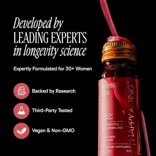 Happy Aging Liquid NAD+ Supplement for Women | Liposomal Nicotinamide Riboside & Resveratrol Shots for Energy, Skin Health & Brain Fog | NMN Alternative with Antioxidants | 10 Shots, 30-Day Supply - Image 4