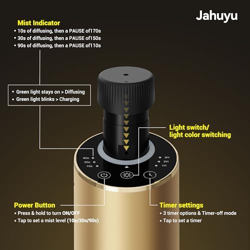 Waterless Essential Oil Diffuser Scent Aromatherapy Diffusers for Home, Car, Aluminum Alloy Battery Operated Cordless Air Freshener, 4 Timers & 3 Mist Levels, 5/10/20ml Capacity (Gold) - Image 4