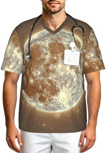Men's Scrub Top,V-Neck Spill Wrinkle Resistant,3 Pockets-Moon Phase Pattern (2) by Unknown
