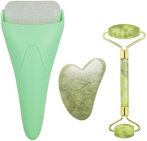 3 in 1 Ficial Face Ice Jade Roller and Gua Sha Tool, Natural Real Jade Anti-Wrinkle Face Eye Neck Massager Tool, Reduce Wrinkles, Puffiness, Migraine, Redness, Pain and Injury, Green by Chikoni
