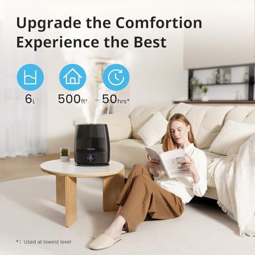 Humidifiers for Bedroom Home, 6L Cool and Warm Mist Air Humidifier for Large Room Baby Nursery, 50H Easy Clean and Top Fill, Quiet with Ultrasonic, Essential Oils, Auto Mode, for House, Black - Image 3