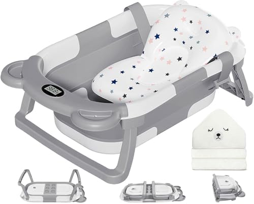 MoreFeel Collapsible Baby Bathtub for Newborn with Thermometer & 1 Hooded Towel & 1 Soft Floating Cushion,Portable Travel Bathtub with Drain Hole, Durable Foldable Baby Tubs for Infants to Toddler by Morefeel