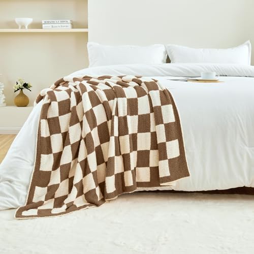 CozeCube Brown White Reversible Checkered Knit Throw Blanket 60"x80" - Image 6