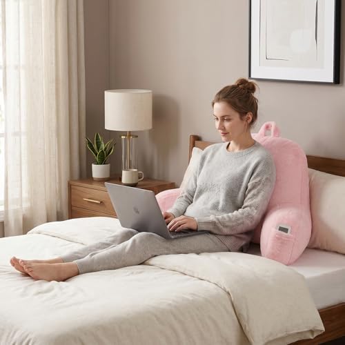 Soft Reading Pillow for Bed with Arms,Middle,Pink,Faux Fur - Image 2