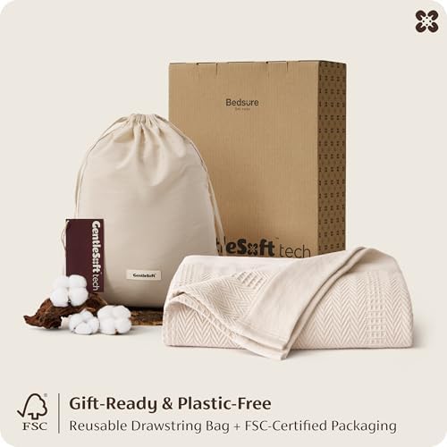 Bedsure PureWoven 100% Organic Cotton Waffle Luxury Blanket, Queen, Beige - Image 6