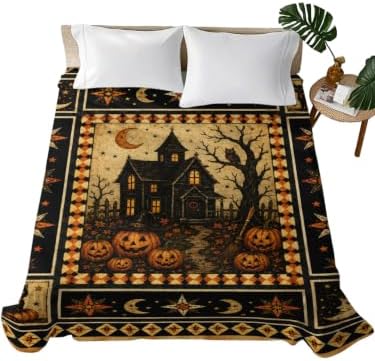 Halloween Queen Flat Sheet Haunted Castle Flat Sheets Only Soft Breathable Bedding Top Sheets Hotel Quality Owl Pumpkin Cat Moon Plaid Queen Bed Sheet for All Season Bedroom Dorm Halloween Decor by LooPoP