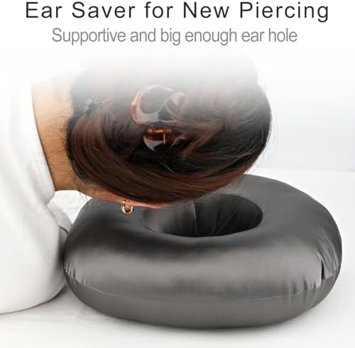 Silky Satin Piercing Pillow Ear Pillows Donut with Hole for Ear Pain CNH Piercing Pain Relief Sleeping Pressure Sore Side Sleepers Smooth Cooling Ear Guard Protector, Dark Gray - Image 2