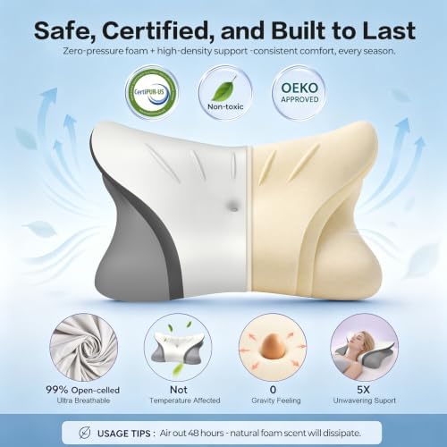 Pain Relief Cervical Neck Pillow, Ergonomic Contour | Q-Max Cooling | Non-Temperature Memory Foam | Side/Back/Stomach Sleeper Support for Sleeping, Reading, Scrolling,(White & Dark Grey) - Image 6