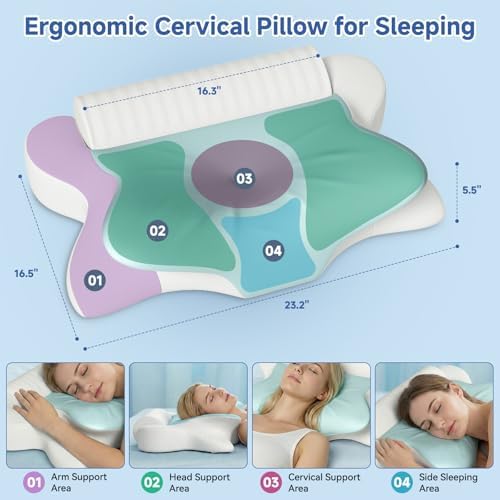 Cervical Neck Pillow for Pain Relief & Sleeping, Ergonomic Posture Pillow Neck Support, Cooling Memory Foam Pillow with Roll Pillow, Orthopedic Contour Pillow for Side Back Stomach Sleepers, Blue - Image 3