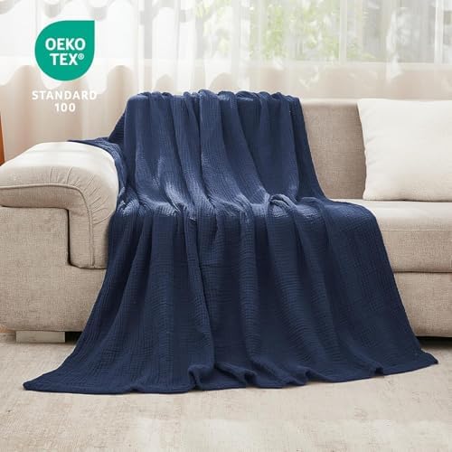 EMME Cotton Muslin King Blanket Big Oversized Bed Layering Bedspread Coverlet Breathable Gauze Soft Lightweight Blankets (Navy, 120"x94") - Image 4