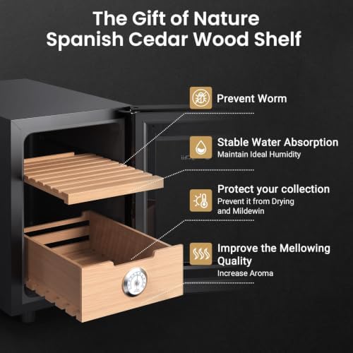 KingChii 16L Cigar Cooler Humidor with Cooling Control System, Electronic Cigar Cabinet Spanish Cedar Shelves & Digital Hygrometer, Father Day Gifts for Men (2 Layers 100 Capacity） - Image 4