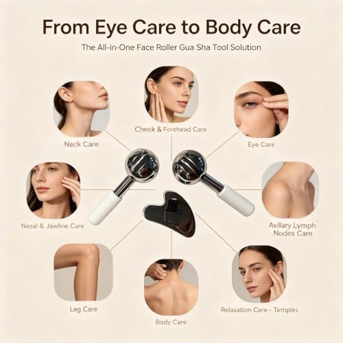 Ice Roller for Face & Eyes, Stainless Steel Ice Globes with Gua Sha Set, 3-Piece Facial Kit for Puffiness, Depuffing and Lymphatic Drainage, Cryo Facial Massage Tools, Neck & Jawline, Home Spa Gift - Image 5