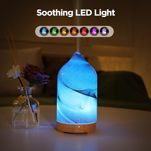 Essential Oil Diffuser Hand Blown Glass Aromatherapy Diffuser - Ultrasonic Cool Mist Scent Aroma Diffuser, Whisper Quiet with Auto Shut-Off, Timer Setting &7 Colors Night Light for Home - Image 2