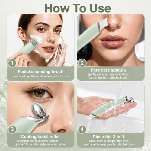 Ice Roller for Face & Eyes, Cooling Facial Roller with Blackhead Remover & 2 Silicone Brushes, Stainless Steel Face Roller for Puffiness, Pores & Deep Cleansing (Green) - Image 6
