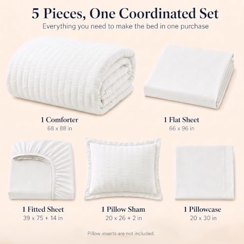 CozyLux Twin Comforter Set, 5 Pieces White Seersucker Bed in a Bag - Image 2