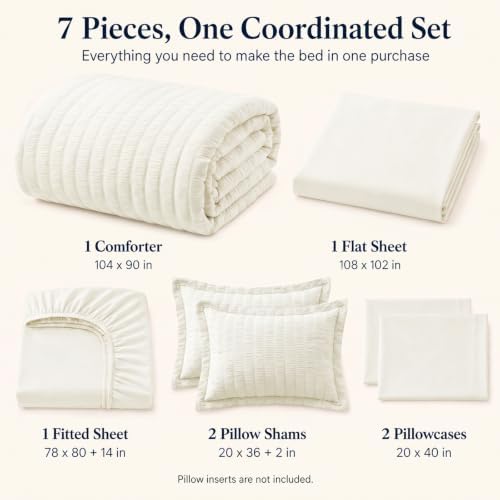 CozyLux King Size Comforter Set, 7 Pieces Ivory Seersucker Bed in a Bag - Image 2
