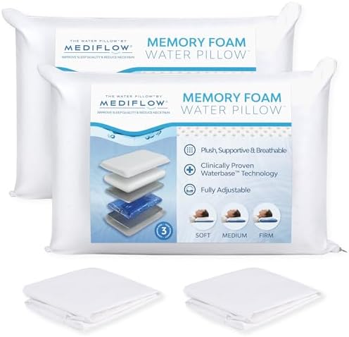Mediflow Water Pillow Memory Foam re-Invented with Waterbase Technology - Clinically Proven to Reduce Neck Pain & Improve Sleep Quality. (Two Pillows, Two Pillow Protectors) by TheWaterPillowbyMediflow