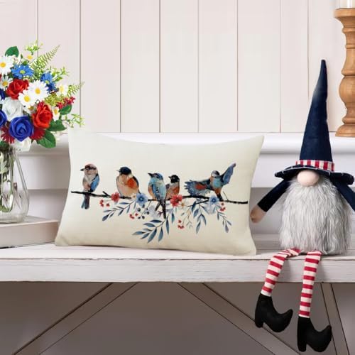 RABUSOFA 4th of July Memorial Day Patriotic Lumbar Throw Pillow Cover,12x20 Inch Red White and Blue Birds Flowers Independence Day American Fourth of July Decoration for Sofa Couch - Image 6