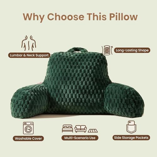 Reading Pillow for Bed, Adults Back Pillow for Sitting up, Husband Pillow for College Dorm, Back Support Cushion with arms for sit up on Couch, Sofa, and Floor, Green - Image 3