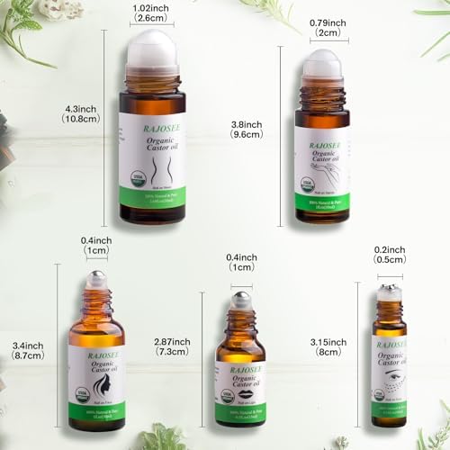 RAJOSEE 5 Pcs Castor Oil Roll on Set, Certified Organic Castor Oil Rolling for Skin Waist Back Leg Lip Eyebrow Hair, Cold Pressed Essential Oil in Glass Bottle - Image 2