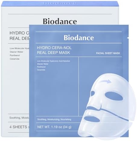 BIODANCE Hydro Cera-nol Real Deep Mask, Hydrating Overnight Hydrogel Face Mask, Moisturizing, Redness Reducing, Quick Soothing, After Sun Care, Sunburn Relief, Korean Skin Care |1.19oz(34g) x4ea by BIODANCE