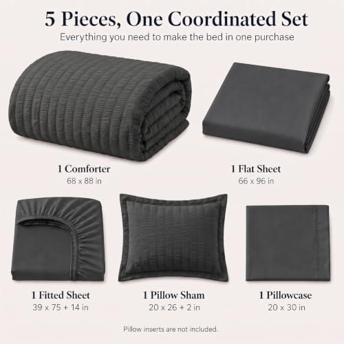 CozyLux Twin Comforter Set, 5 Pieces Dark Grey Seersucker Bed in a Bag - Image 2