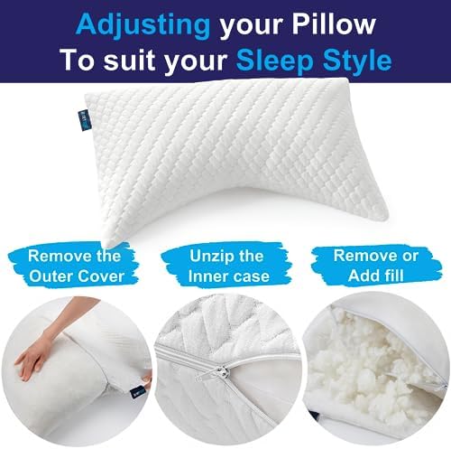 Sidney Sleep Set of 2 Queen Size Bed Pillows for Side and Back Sleepers - Adjustable Filling - Memory Foam Pillows for Neck and Shoulder Pain - Customizable Loft - Extra Foam Included (White) - Image 3