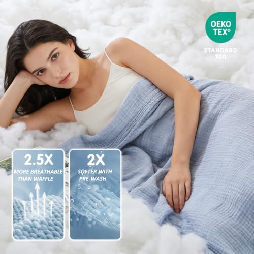 EMME Cotton Muslin Queen Blanket Bed Layering Bedspread Coverlet Breathable Gauze Soft Lightweight Blankets (Heather Dusty Blue, 90"x90") - Image 3