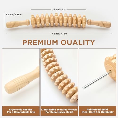 Wooden Cellulite Massage Roller for Legs and Thighs - Handheld Fascia Blaster Tool for Muscle Relief, Lymphatic Drainage & Body Sculpting - Anti Cellulite Massager for Women and Men (12 Wheel) - Image 2