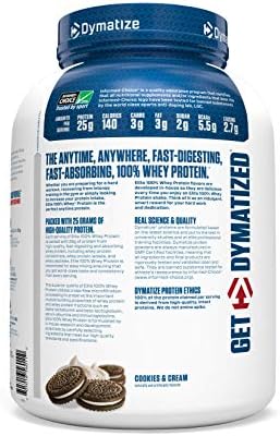 Dymatize Elite 100% Whey Protein Powder, Cookies & Cream, 25g of Protein, 5.5g BCAAs, Less Than 140 Cal., Gluten Free, 2g Carb, 2g Sugar, 3g Fat (63 Servings) - Image 3