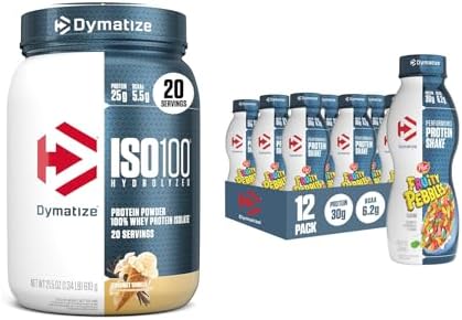 Bundle of Dymatize Performance Protein Shake, Fruity Pebbles (12 pack) + ISO100 Whey Protein Powder Isolate, Gourmet Vanilla (20 Servings) by DymatizeNutrition