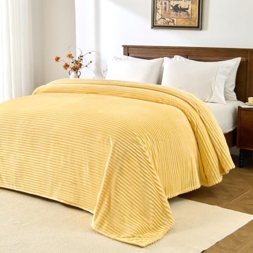 Bnuitland Light Yellow Fleece Throw Blanket 90"x90",300GSM Large Big Soft Cozy Warm Lightweight Stripe Pattern for Bed Sofa Home Decor,Suitable for Adults Family All Season - Image 3