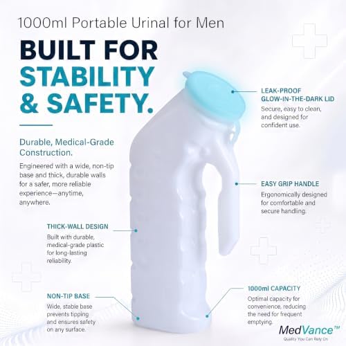 MedVance Urinals for Men 1000ml, Spill Proof Glow in the Dark Lid, 8 Pack - Image 5