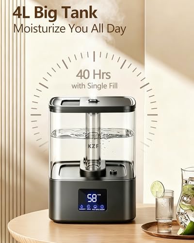 KZF 4L Top Fill Humidifiers for Bedroom & 40H Runtime - Cool Mist Humidifier, 3 Mist Levels, 8H Timer, Essential Oil Tray, Humidity Display, Quiet for Baby, Plants, Large Room (Black, 4, Liters) - Image 2