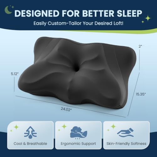 Sweetcrispy Queen Cervical Pillow for Neck and Shoulder - Ergonomic Memory Foam Pillows, Contour Side Sleeper for Adults, Cooling Orthopedic Neck Support for Back Stomach Sleepers, Black - Image 2