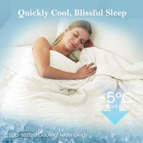 Cozy Bliss Seersucker Cooling Comforter Queen Size, Q-Max 0.45 Reversible Lightweight Cooling Blanket, Breathable Silk Smooth Summer Bedding Quilt for Hot Sleepers Night Sweats Cream White - Image 2