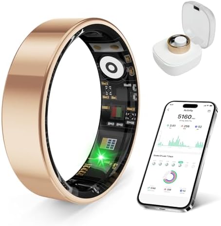 Smart Ring Health Monitor for Sleep Stress Exercise Tracking, IP68 Waterproof, Long Battery Life, No Subscription, Works with iOS Android, Suitable for daily use, exercise and play. (Rose Gold, 9) by Unknown