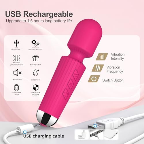 Handheld Wand Massager 20 Modes 8 Speeds, Quiet Mini Vibration Massager for Deep Tissue & Muscle Recovery, Neck Back Shoulder, Cordless Portable (Red) - Image 6