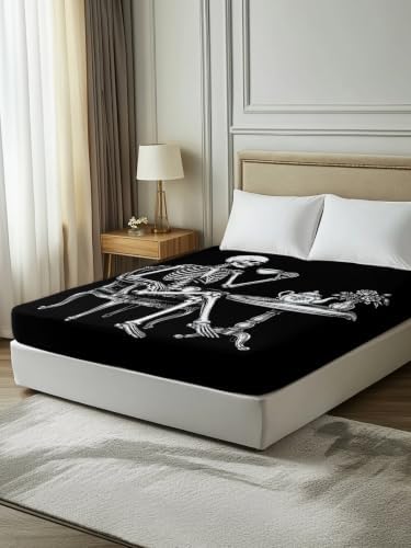 Halloween Queen Flat Sheet Skeleton Sitting Tea Time Flat Sheets Only Soft Bedding Top Sheets Luxury Hotel Quality Tea Cup Funny Skull Queen Bed Sheet for All Season Bedroom Dorm Halloween Decor - Image 7