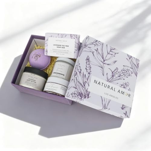 Natural Amor 5-Piece Lavender Spa Gift Set – Bath Bomb, Body Butter, Bar Soap, Bath Salt, Candle – Relaxing Self Care Kit for Women – Gift Box for Birthday, Thank You, Get Well - Image 3